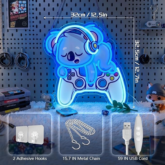 Koala Gaming Neon Sign 12.7x12.5in,USB LED Wall Decor with Dimmer | Neon Signs for Wall Decor,Cute Gamer Wall Decor for Bedroom,Game Room, Kids Room,Dorm