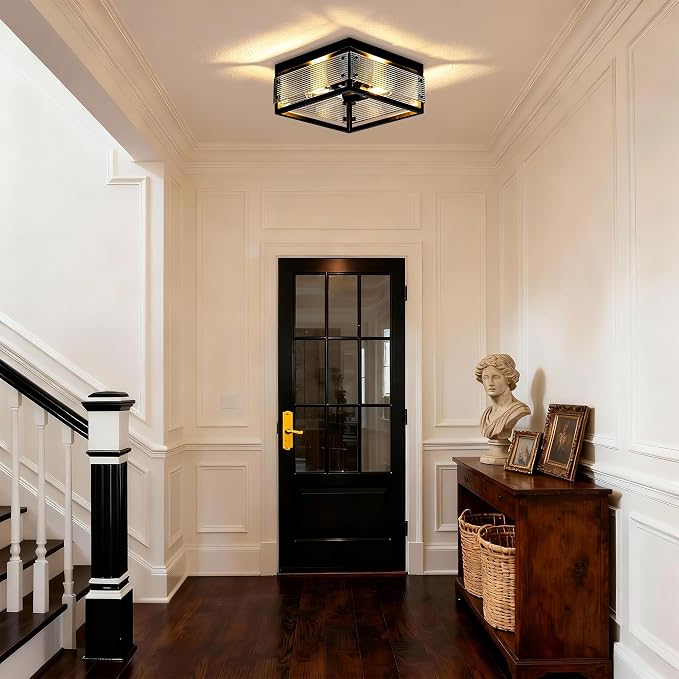 MAYNA 2-Light Square Industrial Flush Mount Ceiling Light, Black Metal Hallway Light Fixture with LED Bulb, Modern Ceiling Light for Bedroom Kitchen Entryway Dining Room