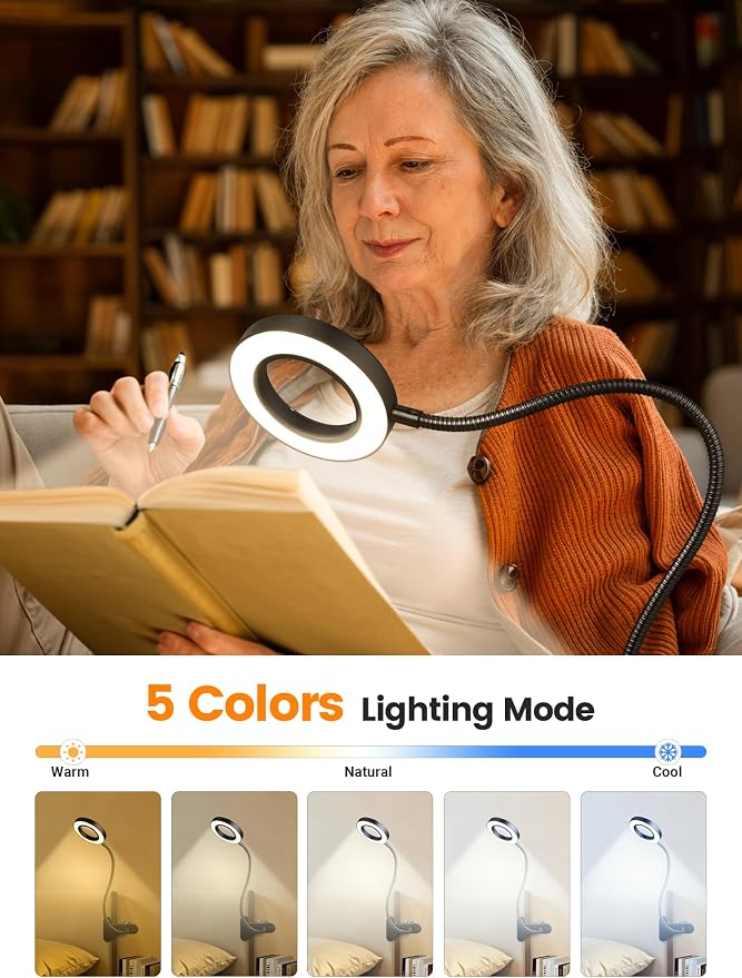 10X Magnifying Glass with Light,5 Colors+10 Brightness Magnifier with Light | 750 Lumen Magnifying Lamp, 58 LED Clip on Reading Lights for Books in Bed, Clip on Lamp for Desk/Headboard/Nail/Craft/Puzzle