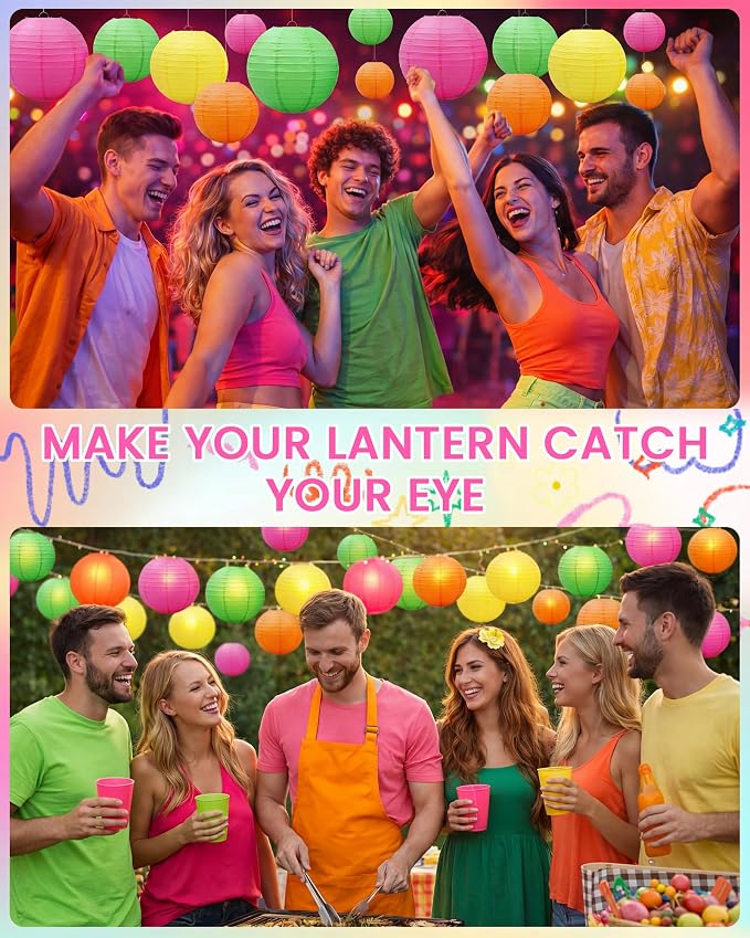 Treela 48 Pcs Paper Lanterns Party Decorations Round,Neon | Chinese Hanging Lamps, Wedding, Party Supplies, Birthday Bridal, 4/6/8/10 Inch, Easy Setup, Asian Decor, Festive Atmosphere