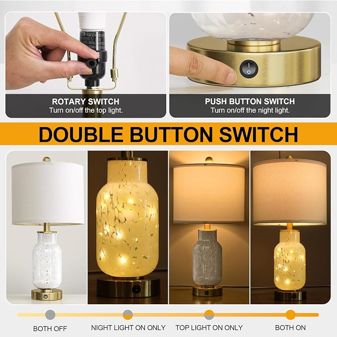 22" Glass Table Lamps Set of 2, White Modern Bedside Lamp with LED Night Light for Living Room, Nightstand Lamp with USB Ports for Bedrooms, Study Room, End Table(2 Bulbs Included)