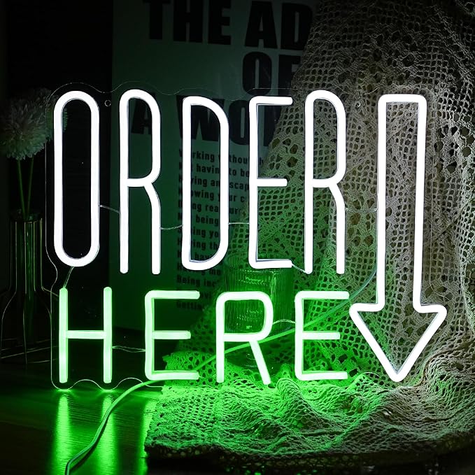 Order Here Neon Sign Cool White Green Letter Neon Light for Wall Decor Dimmable USB LED Light UP Words Sign for Restaurant Shop Bar Business Neon Wall Decor Sign (16.5‘’*11.2‘’）