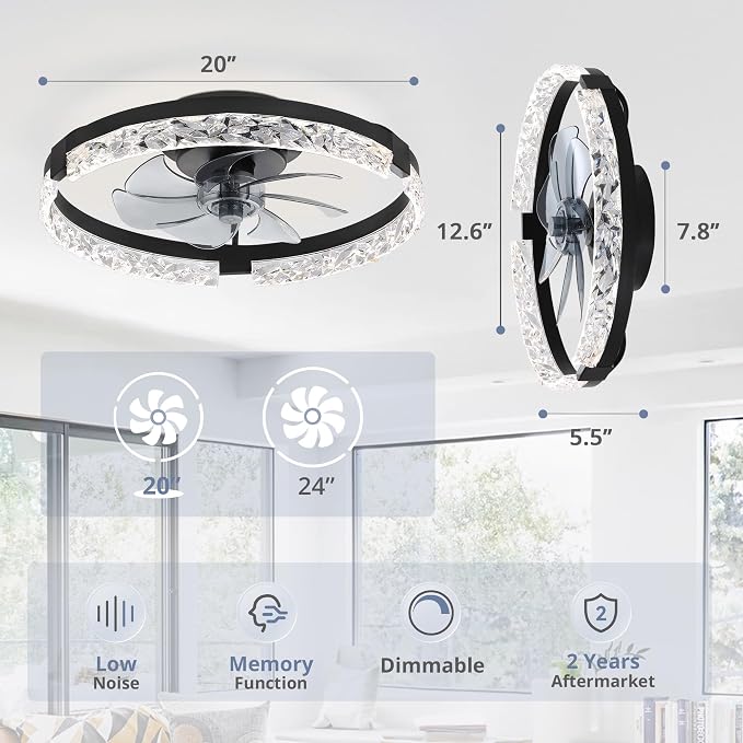 LEDIARY 2 Pack 20" Modern Ceiling Fans with Lights and Remote, Black | Fandelier, Dimmable Low Profile, Flush Mount, Stepless Color Temperature Change, 6 Speeds, Bedroom, Living Room, Kitchen