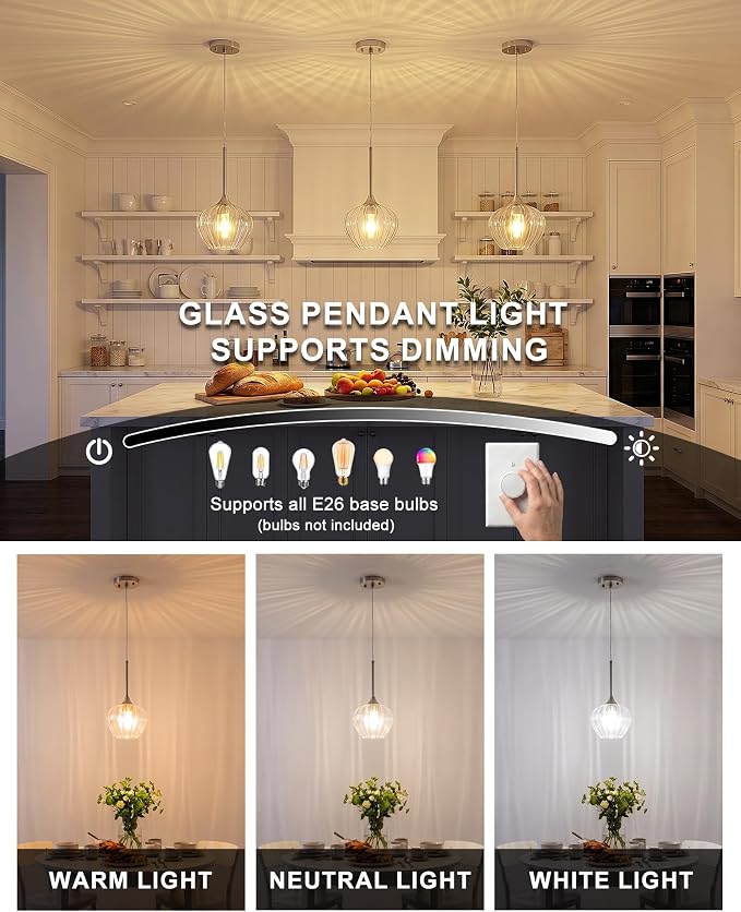 Glass Pendant Lights for Kitchen Island, 7.7" Modern Brushed Nickel Pendant Light Fixtures Mini Adjustable Hanging Light for Kitchen, Dining Room, Sink, Bathroom