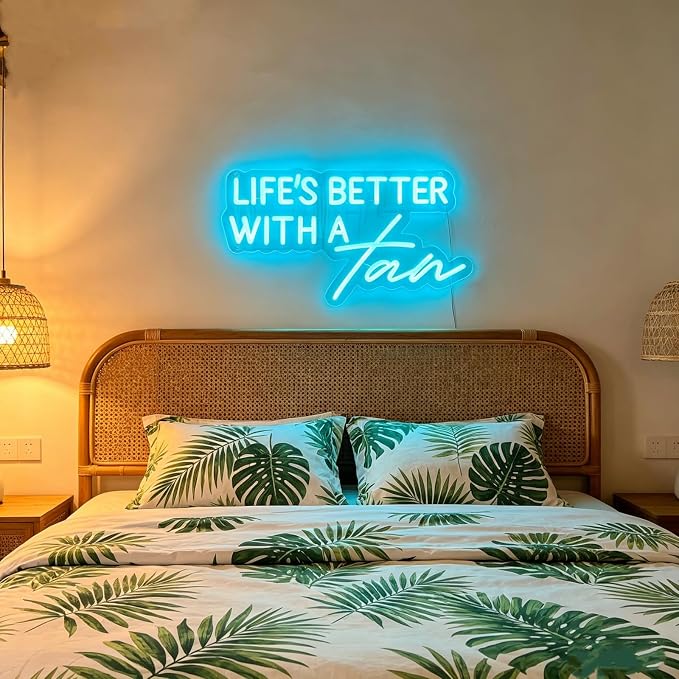 Life's Better With a Tan Neon Sign Ice Blue LED Neon Light for Wall Decor USB Powered Neon Signs for Tanning Salon Beauty Studio Bedroom Home Bar Party Aesthetic Decor Tanning Room Accessories
