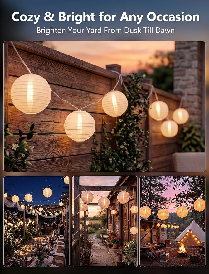 25 FT White Lantern String Lights, Chinese Lanterns with 10 LED G40 Light Bulbs, Plug-in Outdoor String Lights for Wedding Home Party Patio Garden Porch Backyard Cafe Decor