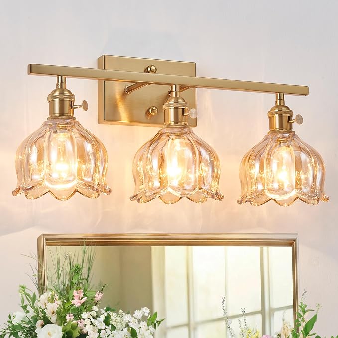 3-Light Amber Tulip Glass Vanity Light, Brushed Gold Vintage Bathroom Wall Sconce, 19.4" Antique Brass Hardwired Wall Lamp for Mirror, Powder Room, Bedroom (Individual Switches, Bulbs Not Included)