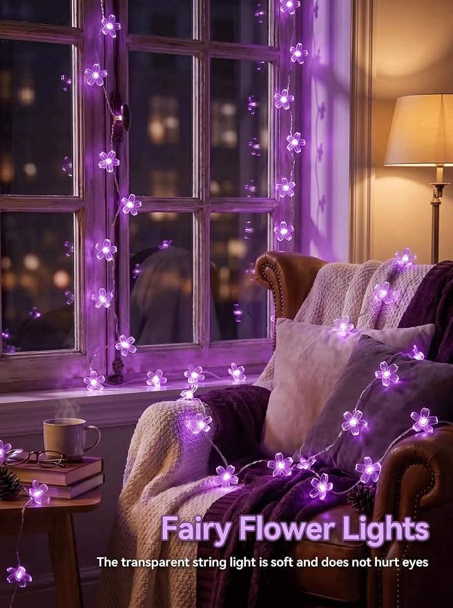 Flower Battery Operated Indoor String Lights 30L Cherry Blossom Fairy Light | Waterproof Outdoor Garden Party Camping Birthday Wedding Room Purple