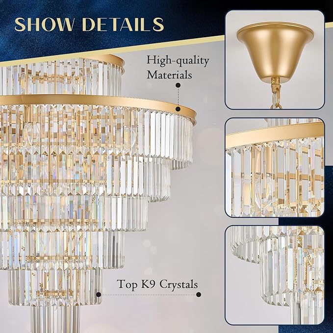 Crystal Chandeliers Large 40" 28 Lights Modern Round Chandelier Luxury Gold 7-Tier K9 Crystal Ceiling Pendant Lighting Fixture for Tall Ceiling Foyer Staircase Living Room