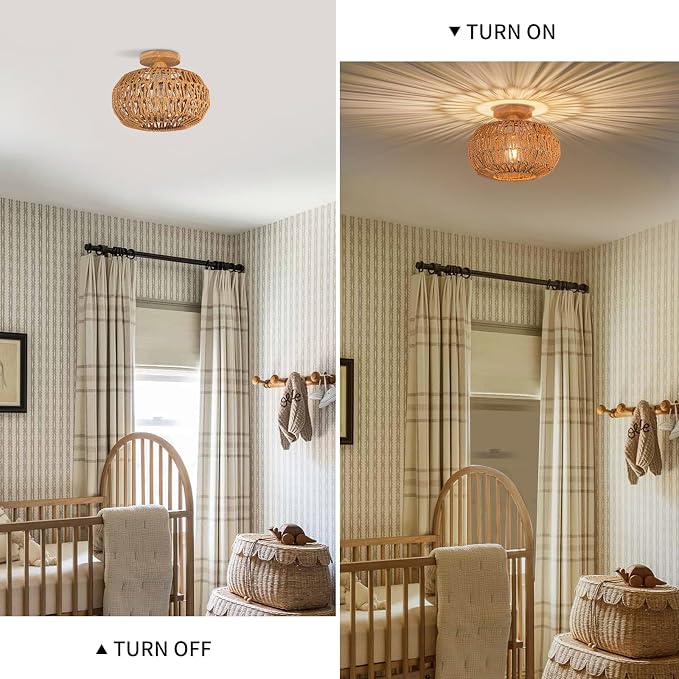 Boho Rattan Ceiling Light - Flush Mount Mini Chandelier Woven Ceiling Light Fixture for Bedroom, Hallway, Entryway, Bathroom, Nursery