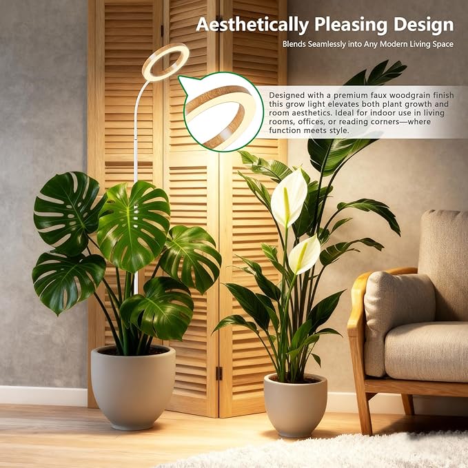 SDOVUERC Full Spectrum Grow Light with Stand for Indoor Plants, Floor Plant Light, 6/12/18H Timer, 3 Color Modes, Adjustable Height 16.5–68in, for Large Plants & Home Décor(1 Head,Faux Wood Grain)