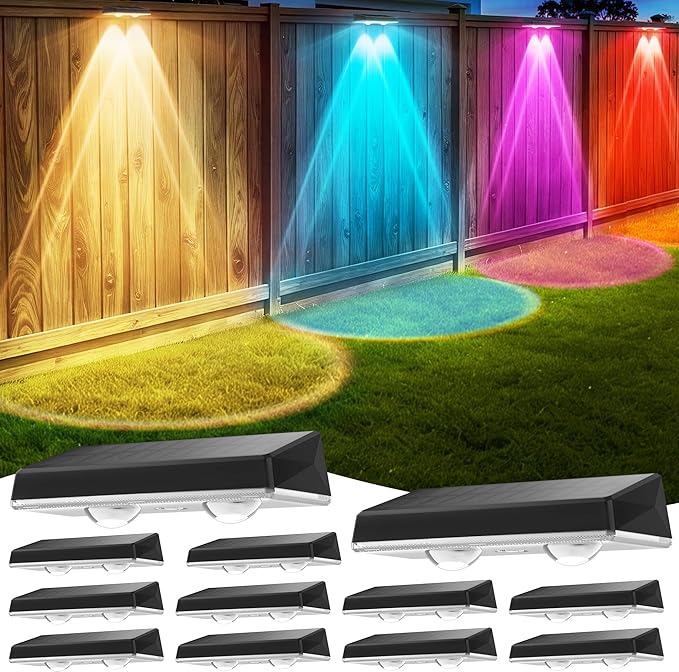 Dusk to Dawn Solar Fence Lights 7 Fixed Colors and RGB Waterproof Solar Deck Light ON/Off Push Switch Outdoor Solar Wall Lights for Outside/Backyard/Step/Patio/Pool, 12PACK
