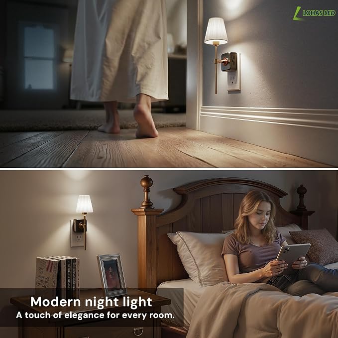 L LOHAS LED Night Lights Plug into Wall, Pleated Fabric Cover Night Light | 2 Pack White Fabric,5000K Daylight with 0-100LM Dimmable,Dusk to Dawn Sensor Vintage Nightlight for Bedroom Living Room
