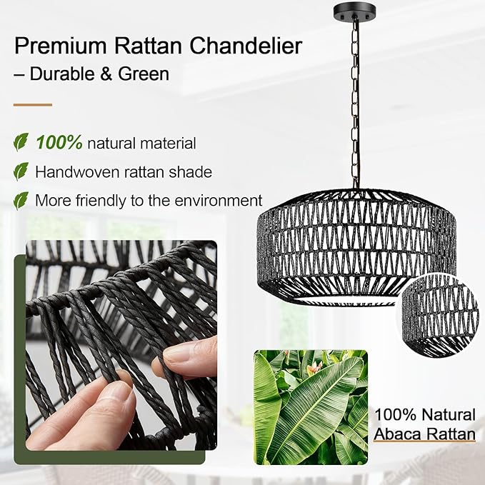 Farmhouse Chandelier Light Fixture, 5-Light Rattan Boho Chandeliers for Dining Room, Hand Woven Pendant Light with Linen Shade, Rustic Hanging Lighting for Kitchen Island, Bedroom (Bulb Not Included)