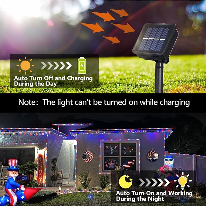 YEGUO 4th of July Decorations Red White and Blue Lights, 2 Packs Each 33ft 100 LED Solar Rope Light, 8 Modes Fairy Lights in Clear Thin Tube for Patriotic Independence Memorial Day Decor