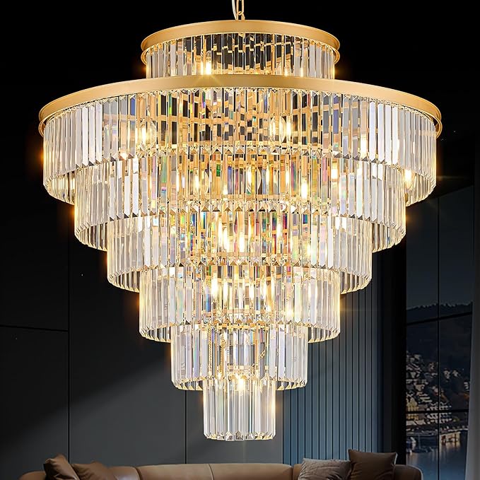 Crystal Chandeliers Large 40" 28 Lights Modern Round Chandelier Luxury Gold 7-Tier K9 Crystal Ceiling Pendant Lighting Fixture for Tall Ceiling Foyer Staircase Living Room