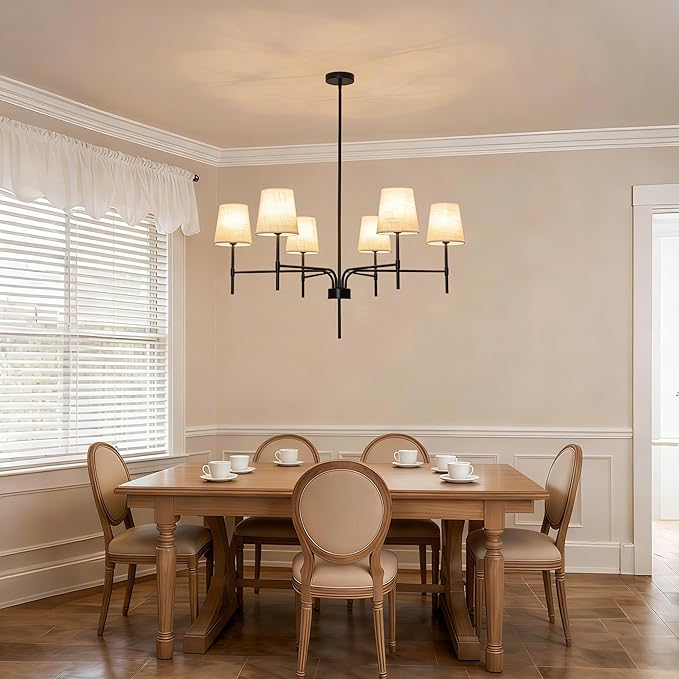 2026 New Black Chandeliers for Dining Room Light Fixture over Table, 34" 6-Light Transitional Modern Farmhouse Chandelier with White Fabric Shade, Pendant Lighting for Kitchen Island Living Room Foyer