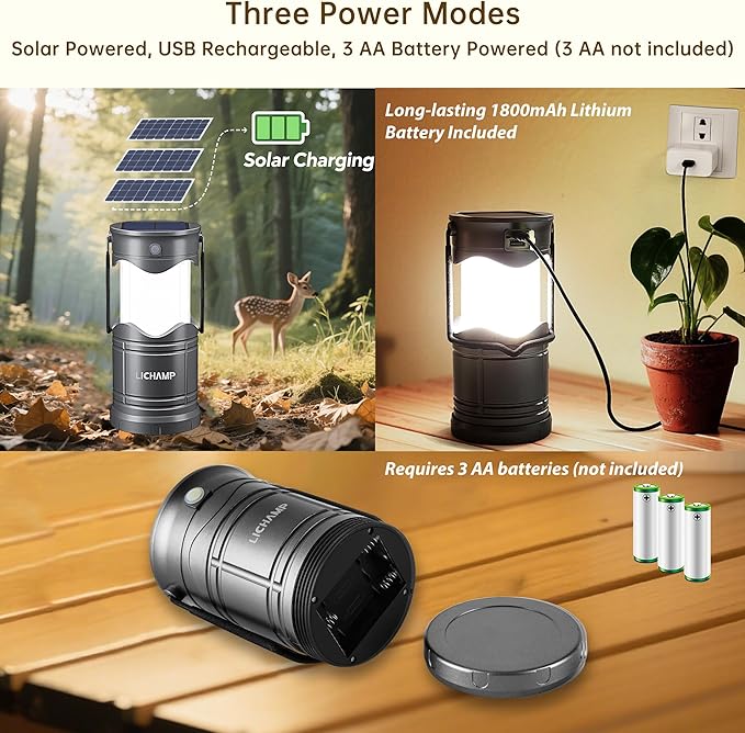 Lichamp 4-Pack Solar Camping Lantern, USB Rechargeable LED Lanterns Battery Powered Pop Up Flashlight Lamps with Three Modes Power for Power Outages Hurricane Supplies Emergency Indoor & Outdoor