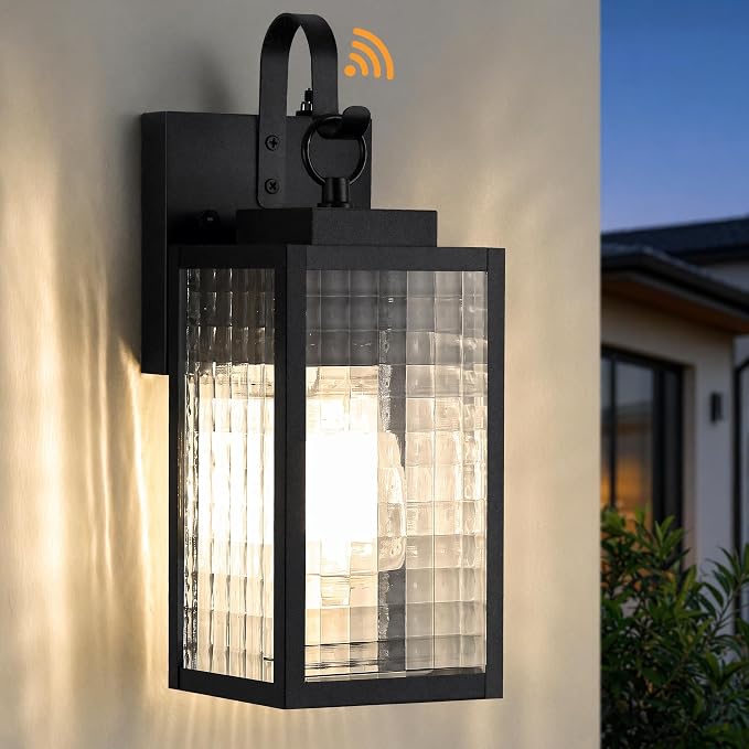 11.8" Dusk to Dawn Porch Light, Wall Mount Outdoor Light, Black | Checkered Glass, Soft Ripple Glow, Auto Dusk to Dawn, Rust-Resistant, Pre-Assembled DIY Install on Porch, Garage