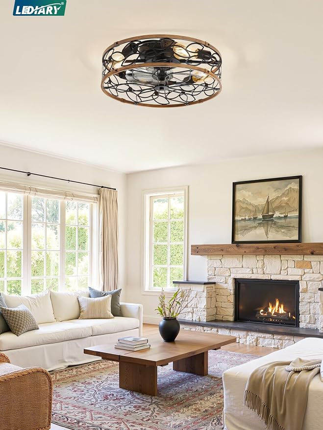 LEDIARY 20" Caged Ceiling Fan with Light, Flush Mount Fandalier with Remote | Low Profile, Farmhouse Small, Bladeless Industrial, Quiet DC Motor, App Control for Bedroom, Kitchen, Dining Room, Walnut