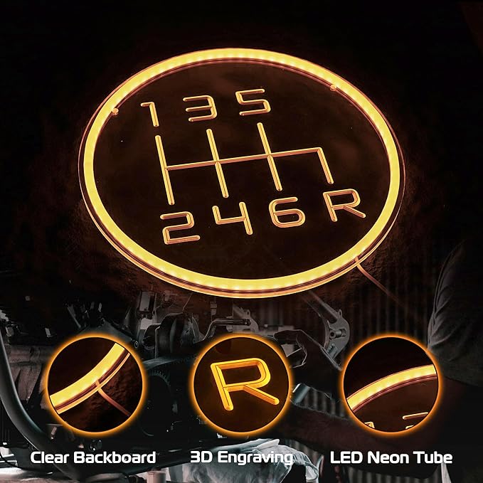 Kavaas Gear Shift Neon Sign, 3D Engraved Manual Transmission Lever Neon Sign for Garage Decor | LED Garage Signs for Car Room Decor, Auto Repair Workshop, Man Cave - Best Gifts for Dad, Car Enthusiast (GS2G)