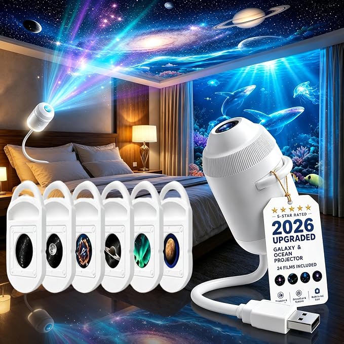 HD Smart Dynamic 5D Holographic Night Light Projector, 2-in-1 HD Plug and Play Galaxy Projector Portable Night Light Projector 360 Rotating USB Powered with 24 Films for Bedroom (6 Films)