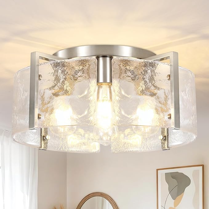 Modern Brushed Nickel Semi Flush Mount Ceiling Light, 4-Light Glass Drum Flush Mount Light Farmhouse Lights Kitchen Lighting Fixtures for Foyer Entryway Hallway Bathroom Bedroom Laundry Room