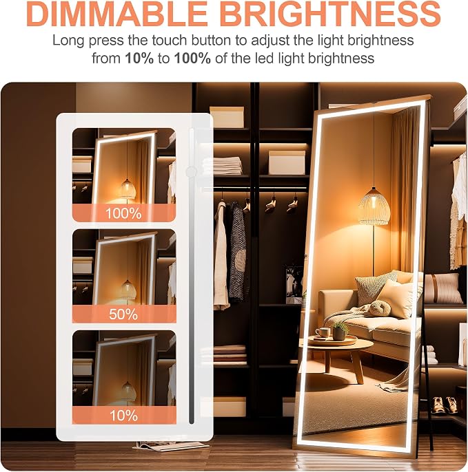 71" x 24" Full Length Mirror with Lights, LED Lighted Floor Standing Body Mirror, Dimmable & 3 Color Lighting for Bedroom, Cloakroom, Dressing Room, Tempered Glass, Black Frame