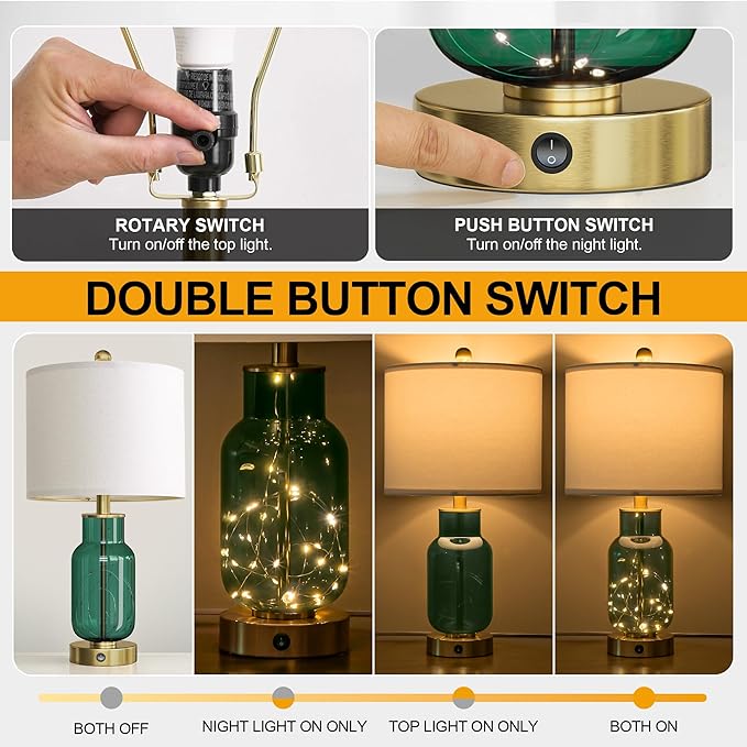 22" Glass Table Lamps Set of 2, Green Modern Bedside Lamp with LED Night Light for Living Room, Nightstand Lamp with USB Ports for Bedrooms, Study Room, End Table(2 Bulbs Included)