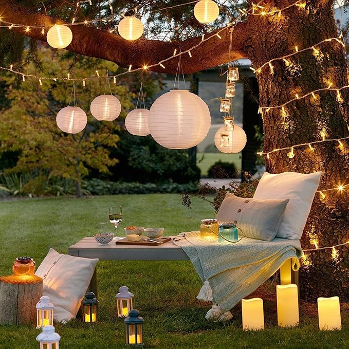 HAUSPROFI 12pcs White Paper Lanterns with LED Lights, Chinese Hanging Lanterns (6" 8" 10" 12") with Fishing Line, Paper Lanterns Decorations for Wedding Birthday Party Bridal Shower Home Outdoor Decor