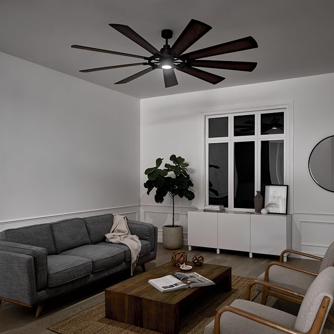 Kichler Gentry XL 85" Ceiling Fan with LED Light, Distressed Black | 9-blade industrial fan with dimmable LED light and DC motor for large indoor spaces, 300285DBK