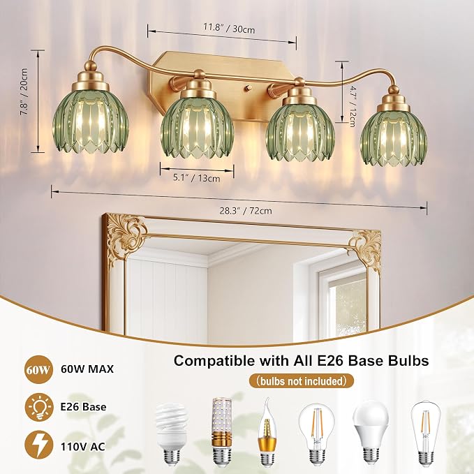 Vintage Gold Vanity Lights, 4 Light Tulip Crystal, Antique Brass Finish | Brushed Gold Bathroom Light Fixtures, Green Wall Sconce Ideal for Bedroom, Living Room, E26 Compatible, Easy Install