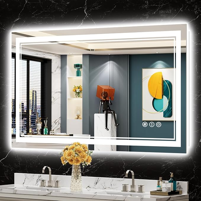 48x28 LED Bathroom Mirror, Backlit & Front Lit Lighted Mirror | Anti-Fog Vanity Mirror with Lights, 3 Color Dimmable, Memory, HD Tempered Glass, CRI95, IP54, UL Listed, Horizontal/Vertical