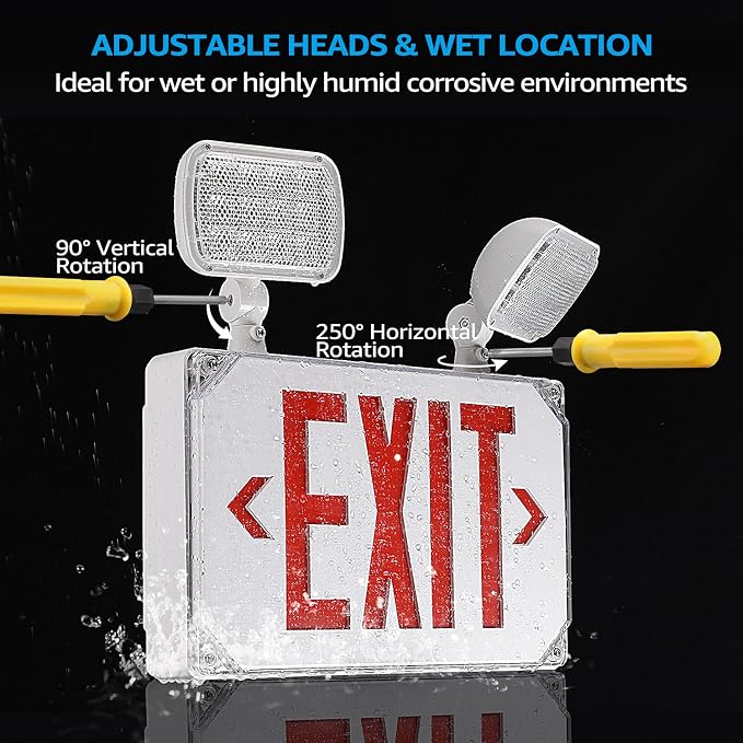 LEONLITE 6-Pack Wet Location LED Exit Sign with Emergency Lights White | UL Listed, AC 120/277V, Outdoor Hardwired Red Letter Exit Light with Battery Backup, 2 Dual Heads, Double Face