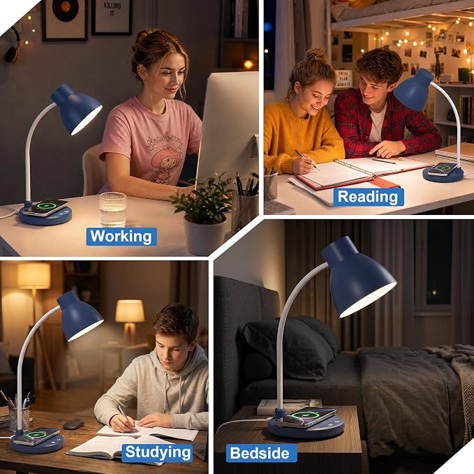 LED Desk Lamp for Home Office with Wireless Charger, Navy Blue | 3 Color Modes Dimmable Eye-Caring Study Reading Dorm Desk Lamp, 360° Flexible Arm Table Lamp for College Dorm Room, 800 Lumen