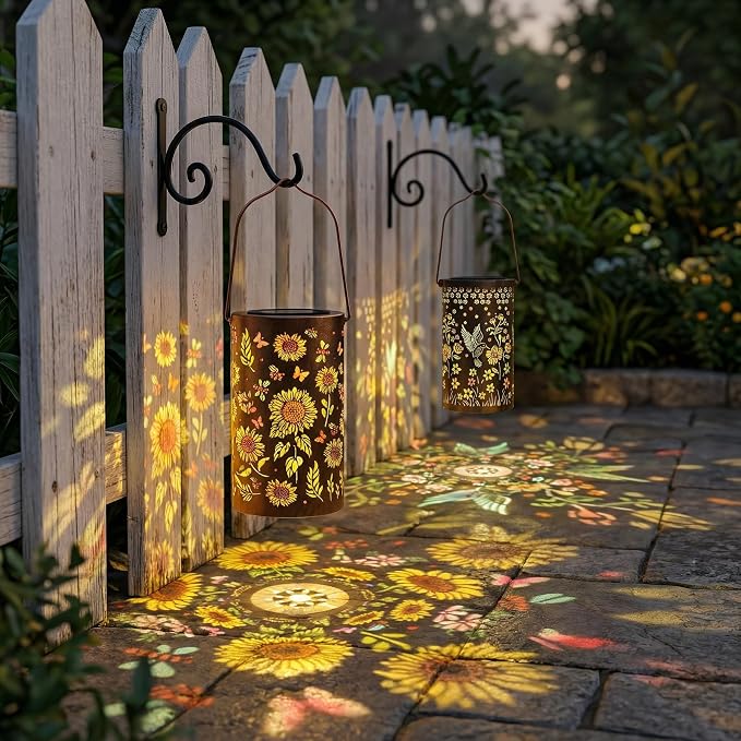2 Pack Colorful Solar Lanterns Outdoor Waterproof, Garden Decor Gifts for Women Mom Grandma - LED Sunflower and Hummingbird Solar Powered Lights Metal Hanging Lantern for Outside Garden Patio Yard