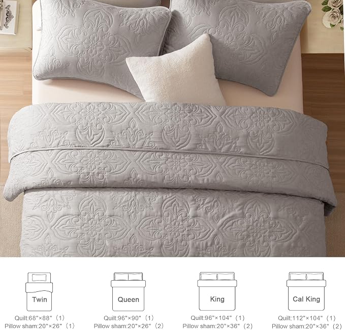Whale Flotilla Cal King Quilt Set Vintage Damask Reversible Bedspread | Suitable for Bed, 3 Pieces Light Grey Lightweight Breathable Oversized Quilts, Ultrasonic Coverlet with 2 Pillow Shams