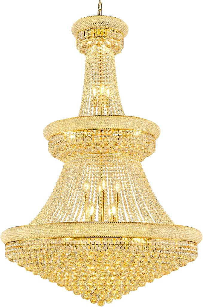 42'' W Luxury 3-Tier Empire Crystal Chandelier, 36 LED Bulbs, 480 Hand-Strung K9 Crystals (4 Spares), 79-Inch Adjustable Chain, Ideal for Foyer, Staircase, Double-Height Living Room (Gold)