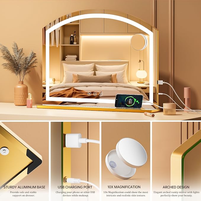 Hasipu Arch Vanity Mirror with Light, Arched Led Makeup Mirror with 10X Magnification, Tabletop Desk Mirror with USB Charging Port, Dimmable 3 Colors Mode, 32" x 24" Inch Gold