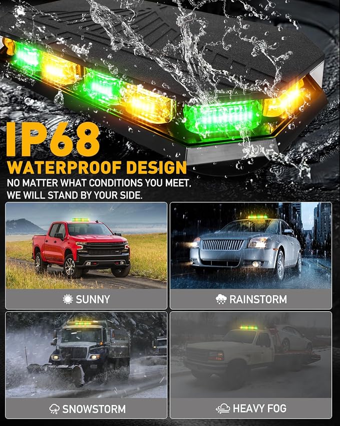 HLauto 406D Rooftop Emergency Strobe Lights Bar, 102 LED Amber Green Mini Beacon Safety Flashing Warning Traffic Lights Bar w/Magnetic Base for 12-24V Trucks, Construction Vehicles, Snowplow, Cars