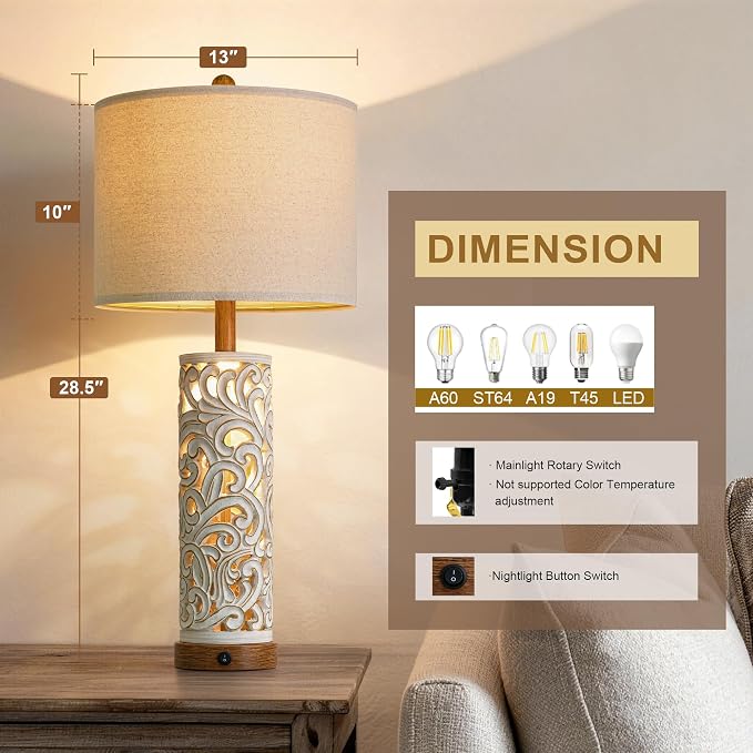 2-in-1 Light Table Lamp Set of 2 for Living Room, 28.5" Farmhouse Bedside Lamps with USB Charging Port, Main&Night Light & Dual Switches, Nightstand Lamp for Bedroom Home Office(Bulb Included)