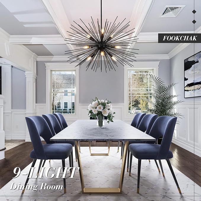 32in Black Sputnik Chandelier Solid Metal Starburst Chandelier Light Fixture 9-Light Mid-Century Modern Satellite Light Fixture for Living Room Dining Room Foyer Study Room Bathroom,E12