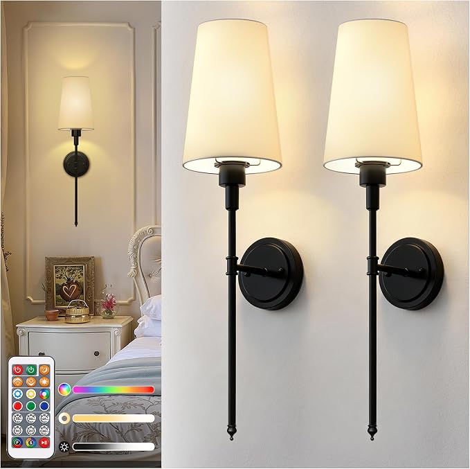 Battery Operated Wall Sconce: Set of 2 Wireless Wall Light 12000mAh | 15 Color Rechargeable Wall Sconces, Sconce Wall Decor Set of 2 for Bedroom, Living Room, Black, 27in