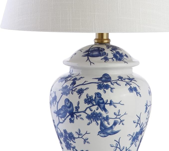 JONATHAN Y Penelope Ginger Jar 22" LED Table Lamp, Blue/White | Chinoiserie, Ceramic Metal Construction, French Country Traditional, Linen Empire Shade, Brass Gold, LED Bulb Included