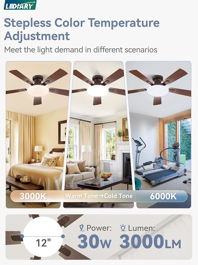 LEDIARY 42 Inch Flush Mount Ceiling Fans with Lights, Remote & APP Control | Bright Light, 3CCT, Dimmable, Memory Function, Timer, Reversible Blade, Quiet DC Motor, Damp-Rated, Bedroom, Covered Patio