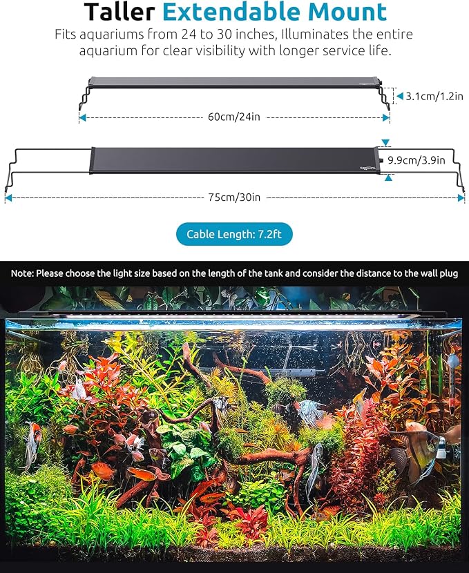 SEAOURA Aquarium LED Light with 24/7 Timer for 24-30in Fish Tank | high PAR LEDs for plant growth, 3 timers + memory, 20 dimming, 15min fade, adjustable brackets, slim aluminum