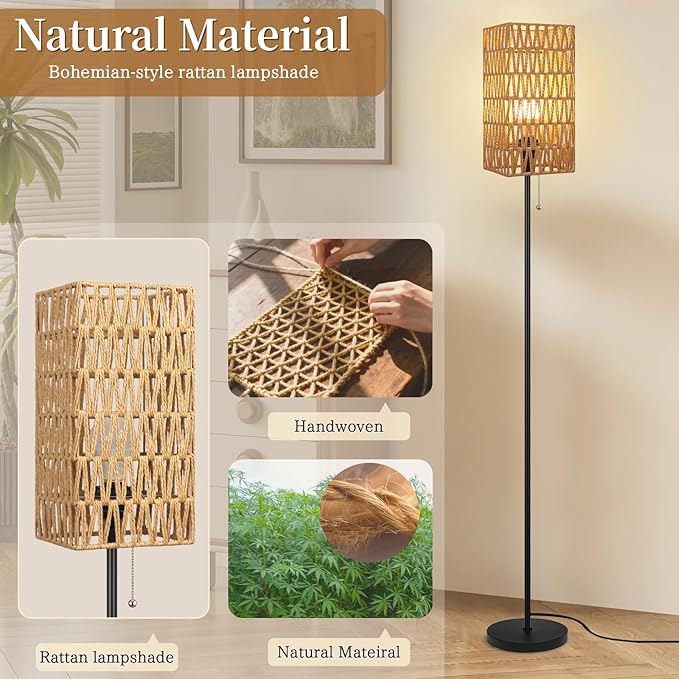 Ruiever Floor Lamp for Living Room,Farmhouse Floor lamp,Modern Standing lamp with Hand-Worked Rattan Shade (Square Shade-3 Color Blub)