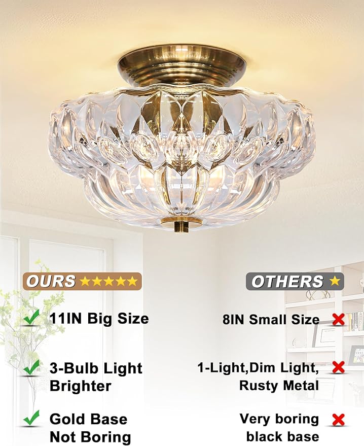 Semi Flush Mount Ceiling Light,11IN 3-Bulb Clear Glass | Vintage Gold Hallway Lights Fixture, Globe Close to Ceiling Light for Bathroom, Hallway, Dining Room,Bulb Not Included