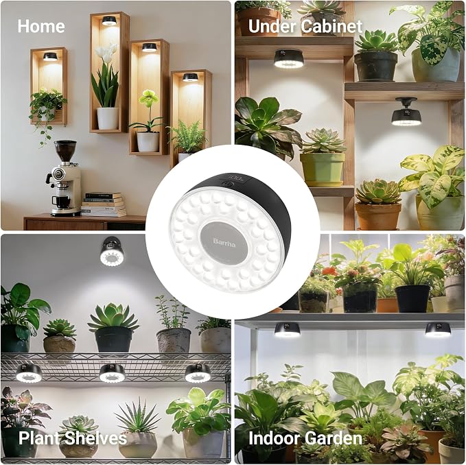 Barrina Orbgrow OG03C Rechargeable Puck Grow Light, 5000K, 4 Packs, Black | Cordless Full Spectrum Plant Light for Indoor Plants, Magnetic & Touch Switch with Timer, Small Grow Lamp for Plant Shelf