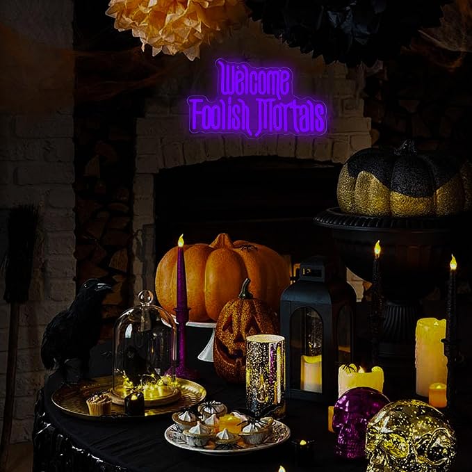 Welcome Foolish Mortals Neon Sign, Anime Fans Neon Light Spooky Gothic Haunted Mansion LED Coffin Decor USB Powered, for Horror Party Haunted House Man Cave Home Room Themed Bars(16.1 * 9.4 In)